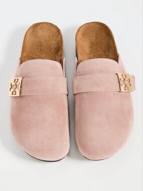 Tory Burch Mellow Mule Blush Pink Suede Slide with Gold Logo Buckle Size 8.5